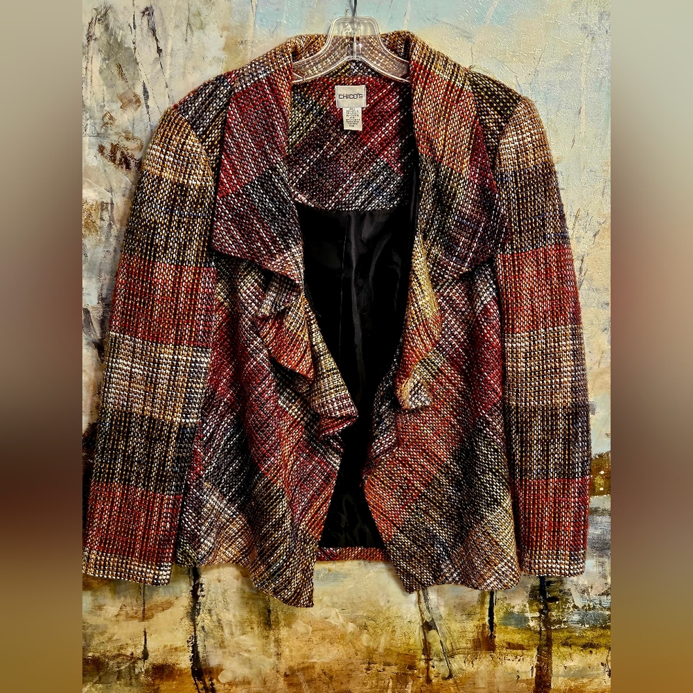 Chico's Multicolor Metallic Thread Woven Tweed Ruffle Open Front Catalina Blazer